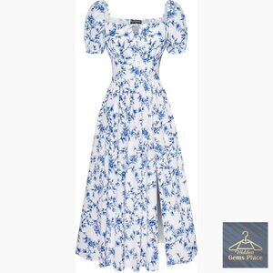 Floral Corset Dress with Thigh Slit Square Neck Midi Puff Sleeves